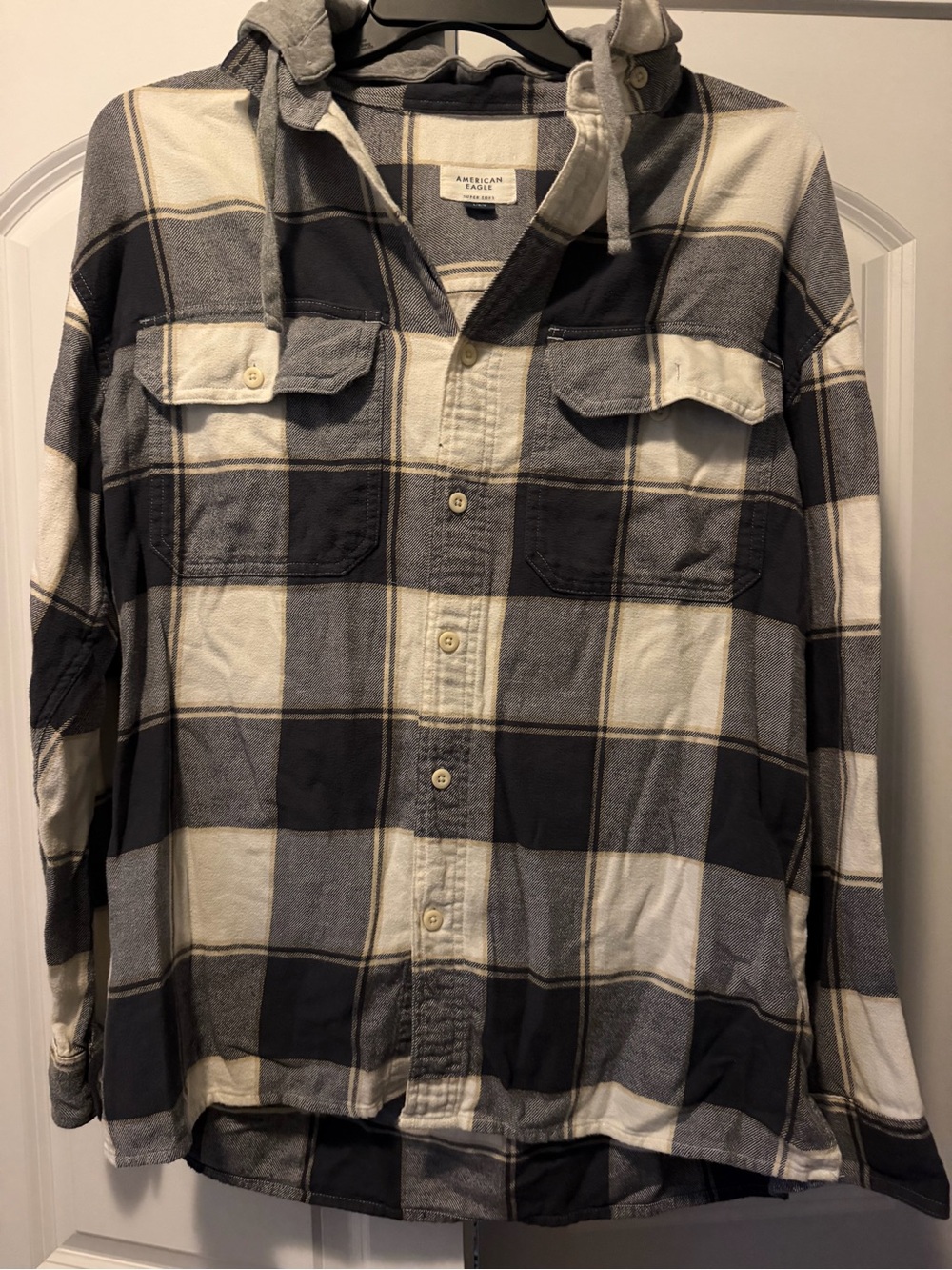 American Eagle Outfitters Men’s Navy & White Plaid Hooded Button-Down Shirt